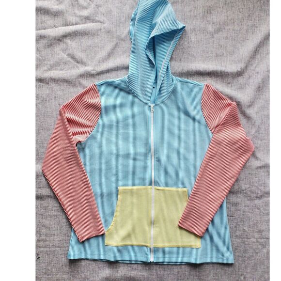 LANDS' END LARGE UPF 50 SEERSUCKER HOODED ZIP-FRONT RASH GUARD - Picture 3 of 7